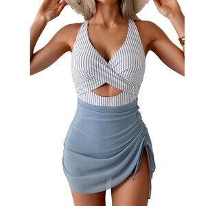 Mesh Swimdress Swimsuit Tummy Control V-Neck Cutout Sarong Size XL NWT #2084